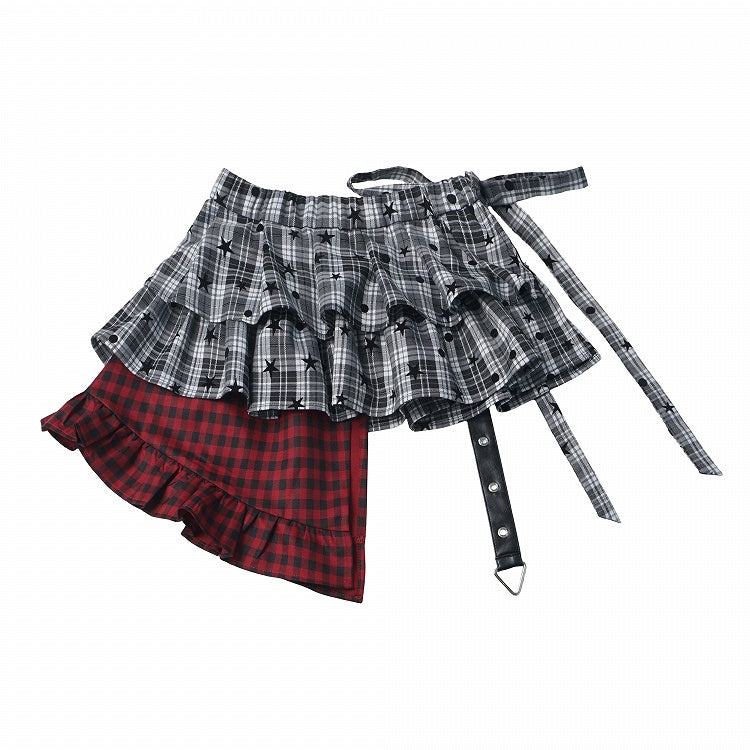 Red & Black Asymmetrical Plaid Skirt Overlay - PINK SAVIOR