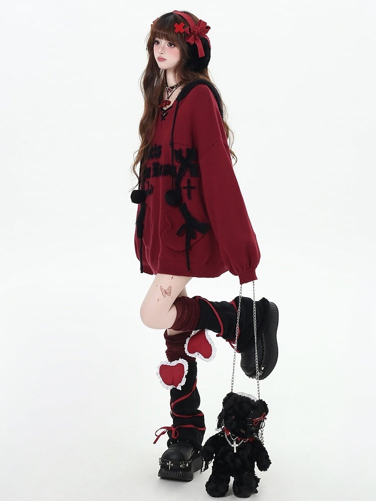 Black Letters Pattern Hooded V-neck Loose Sweater