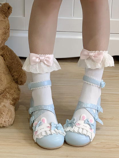Sweet Design Crisscross Polka-dot Shoes Lolita Bunny Lace Applique Trim Pattern Details Bowknot Blue