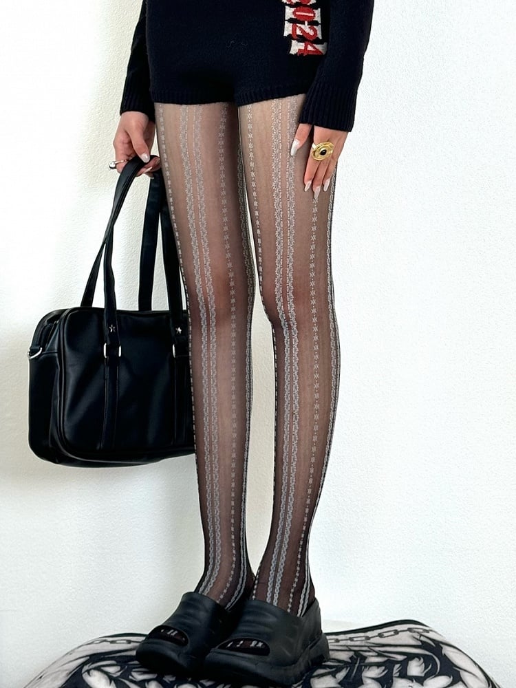 Floral Black/White Striped Y2K Tights