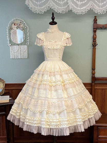 Pleating Details Classic Ruffle Trims Lolita Dress and Elegant Beige