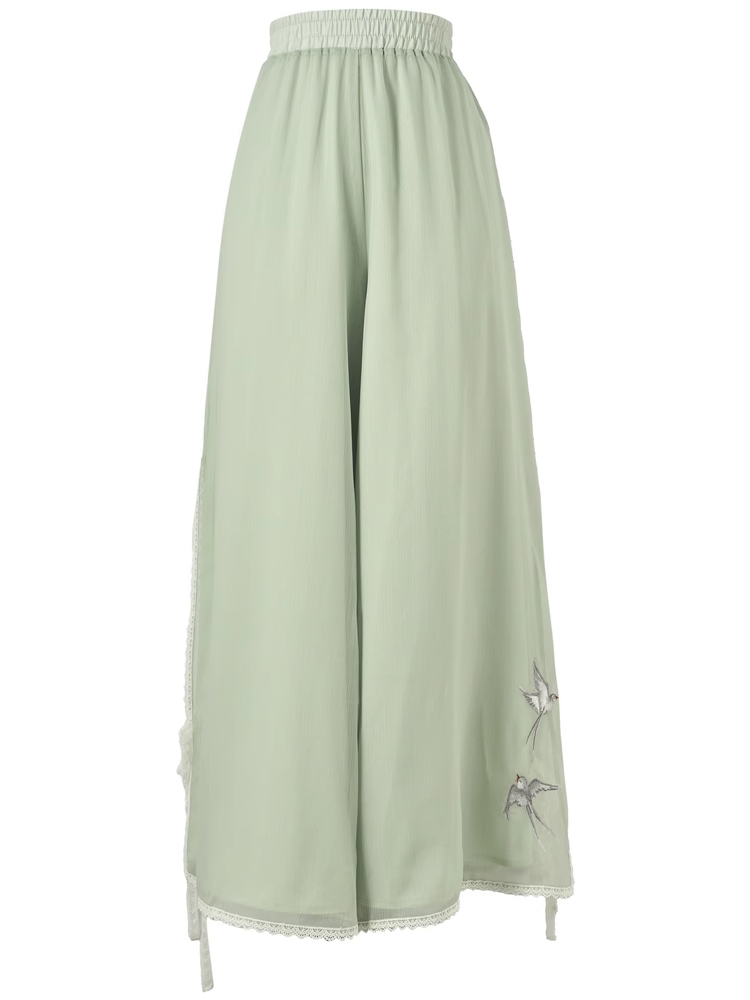 リボンサイドライトグリーンツバメ刺繍セルフタイ