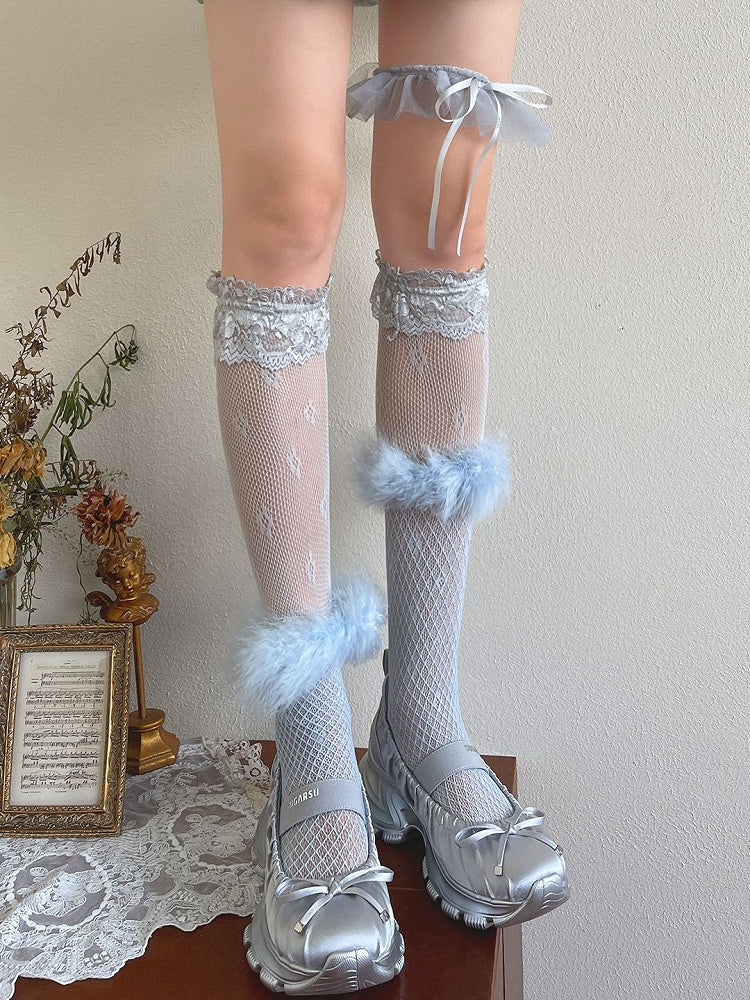 Overknee Blue Leg With Stockings Cuffs Lace Loop Feather