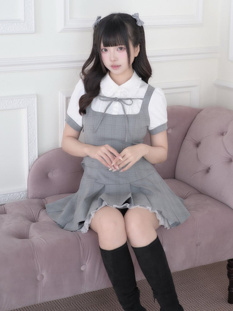 White Ryousangata Plaid Dress with Belt - No Genki
