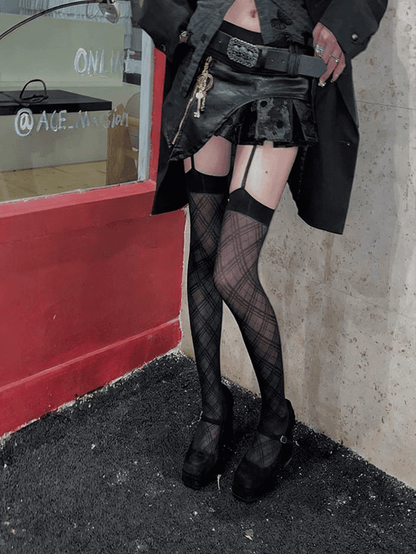 Black/White Plaid Pattern Suspender Tights