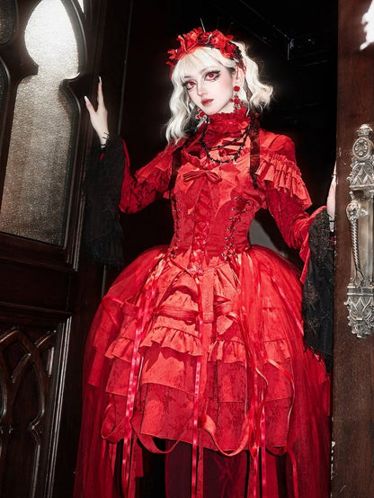 Design Schnürschuhe mit Taillen-Vogelkäfig-Ovarlay-Rot-Lolita-Kleid-Rock groß und Gothic-Schleife-Korsett abnehmbar