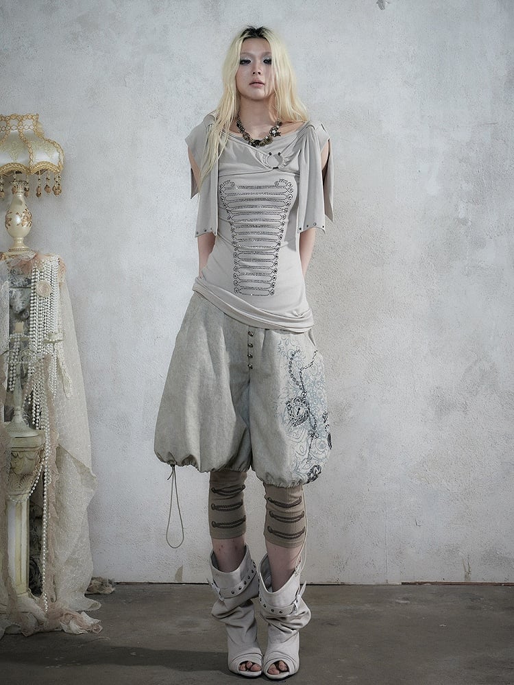 Beige-Grey Knit Short-Sleeve Top with Rhinestone Design - NO ROMANCE