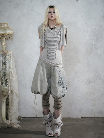 Beige-Grey Knit Short-Sleeve Top with Rhinestone Design - NO ROMANCE