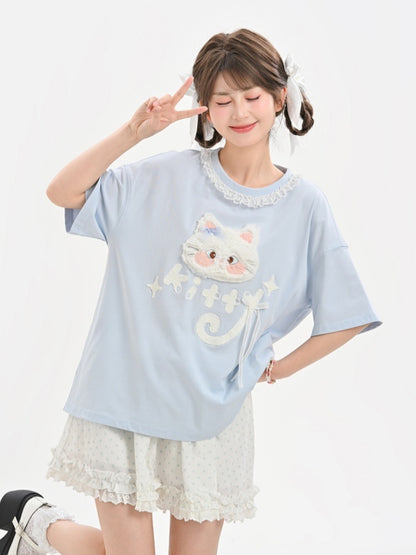 ロング/ショート ラウンドネック プラッシュバージョン ブルー Tシャツ 猫アップリケ
