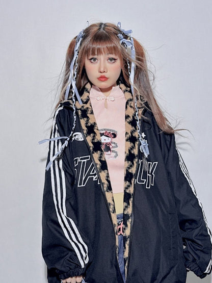 Reversible Black&Yellow Houndstooth Banded Collar Letter Jacket