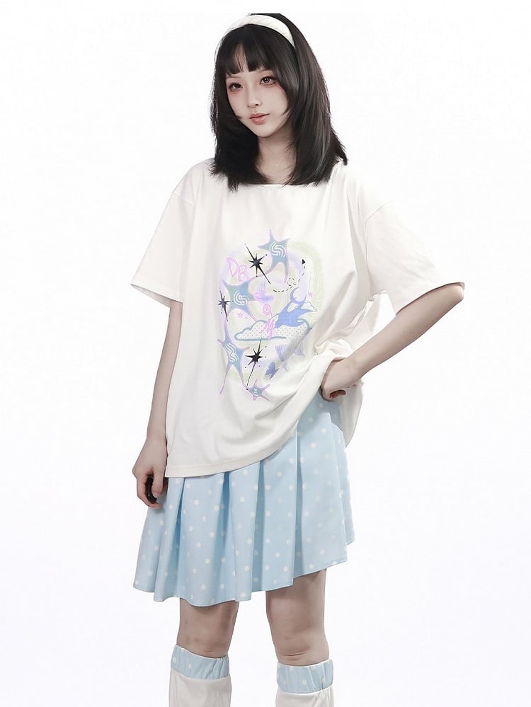 White Wide Round Neck Short Sleeve T-Shirt with Nebula Print - PINK SAVIOR