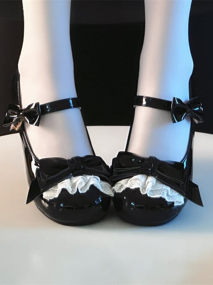 with Trim Details Bow Heel Mary Janes Lace Toe Round Black Low/Mid Lolita - Sweet