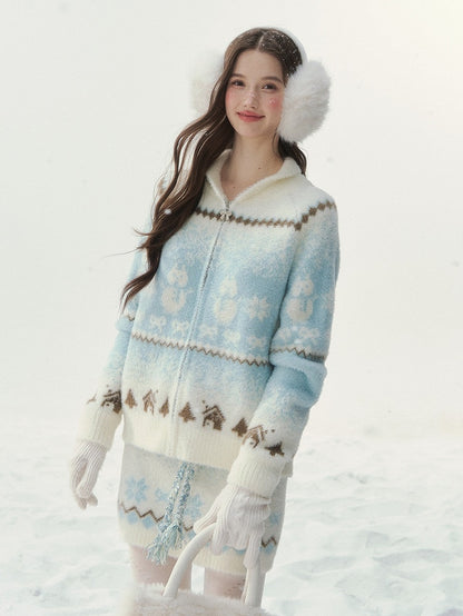 Sweater BlueWhite Pattern with Snowman Details Kawaii