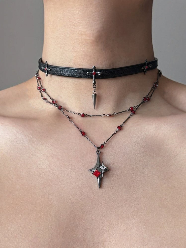 Gothic Black & Red Cross Choker with Beads - YSHXS
