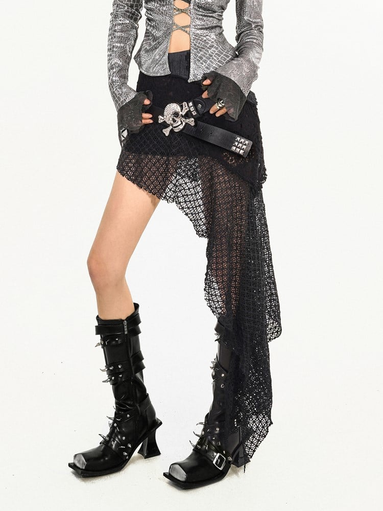 Patchwork Mini Skirt Built-in with Lace Shorts Black Wasteland Punk Asymmetric Knit