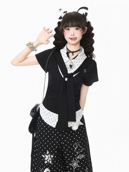 Waist-Cinched Tie-Front Faux Two-Piece Tee in Monochrome Polka Dot - Languid Park