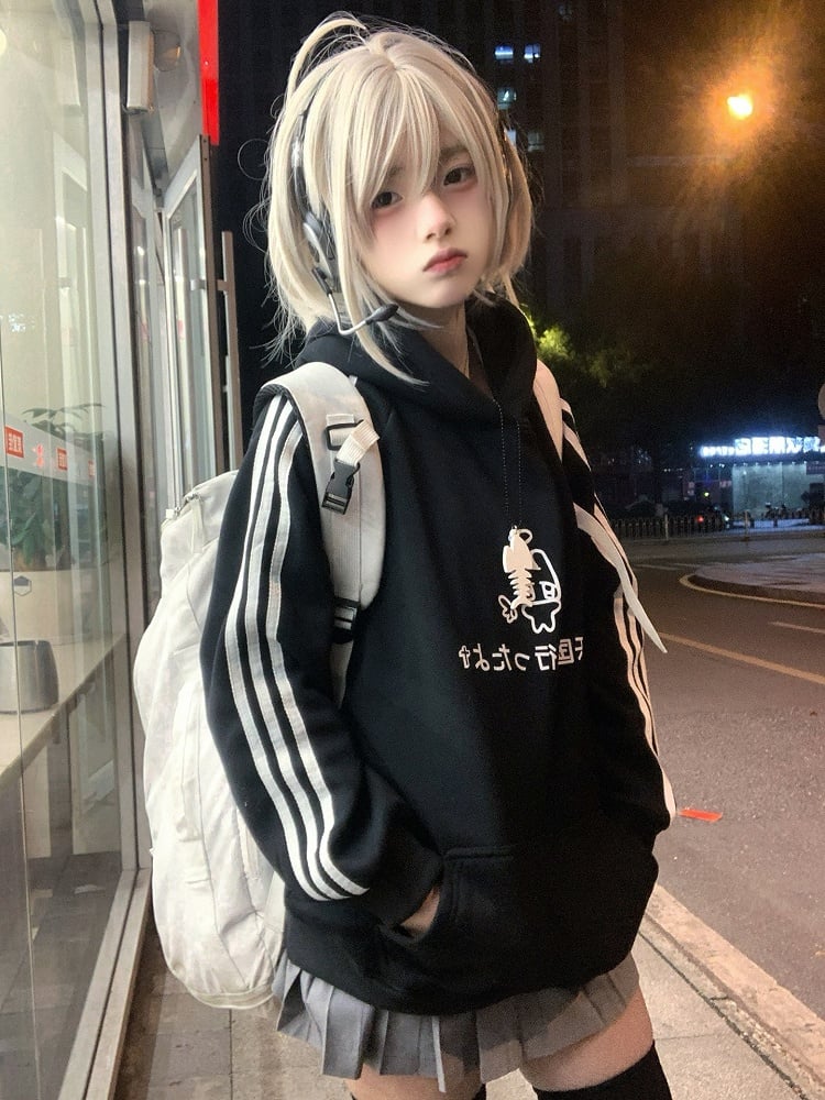 Black Bunny Print on with Angel Hoodie Sleeves Pattern Stripe
