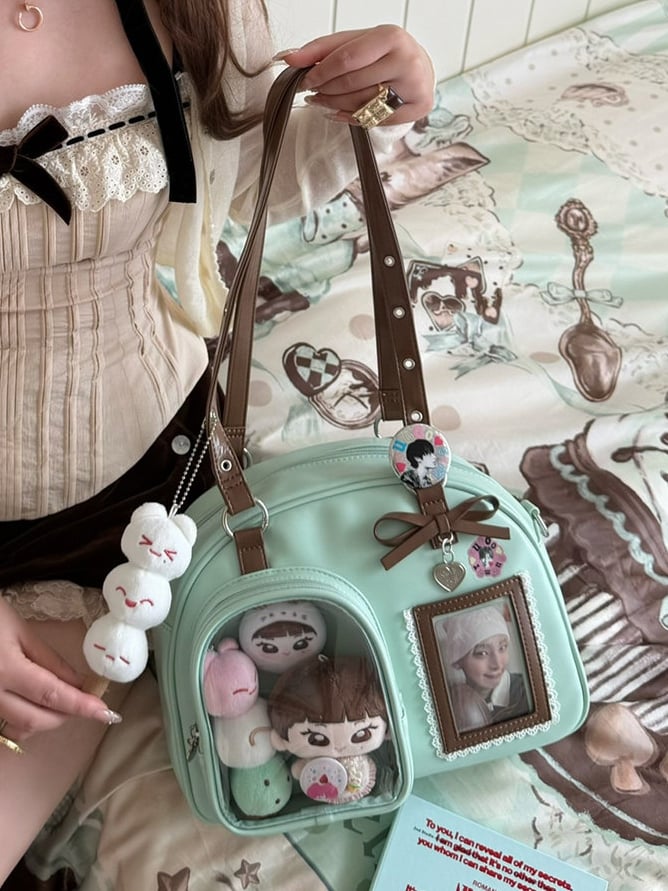 Ita Bow Brown Kawaii PU Mint Hand/Shoulder/Crossbody in Accents Bag Chocolate Daily Green Heart