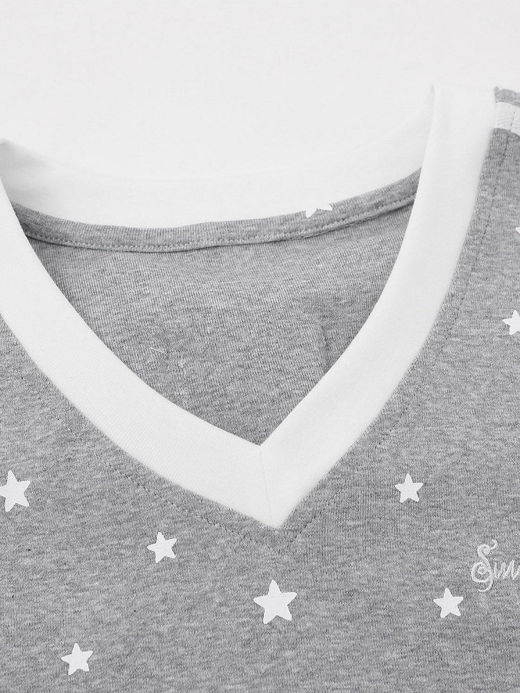 Gray Star Print V-Neck Tee with Wing Back Design - Languid Park