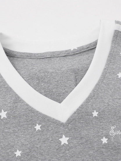 Gray Star Print V-Neck Tee with Wing Back Design - Languid Park