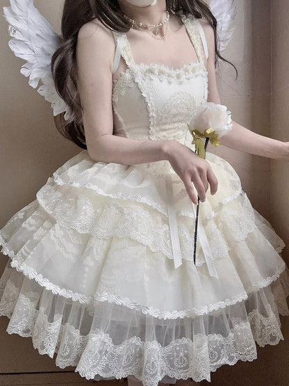 Korsett Stufenkleid Lolita Rock Weiß Creme Prinzessin