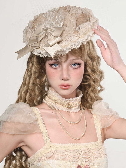 Apricot Flat Hat Bow Accent Mini Vintage