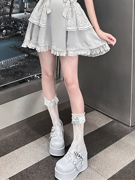 Gray Bowknot White Lace Calf Socks Kei Jirai