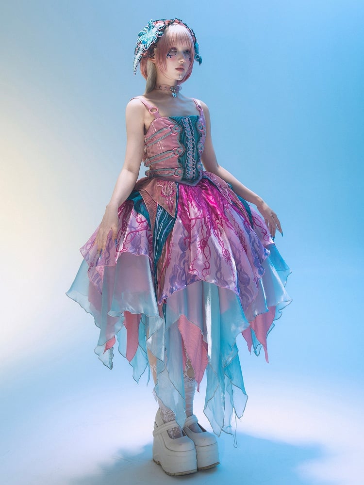 Embroidery Pink Bodice Print Biochemical Ribs Layered Handkerchief Lolita Spider Hem Dress