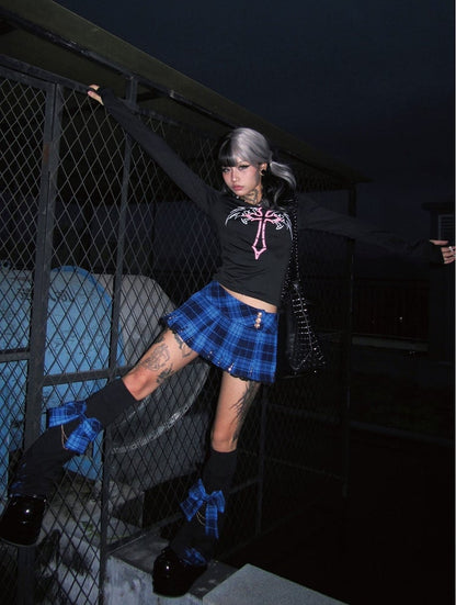 Punk Navy Blue Plaid Studs Detail Lace Trim Y2K Mini Pleated Skirt