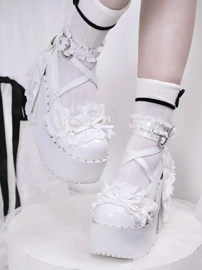 Leather High Gothic Detail PU Heels Block Bow Knotted with White