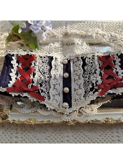 Blue & Red Lolita Corset with Lace and Pearls - Miss Point