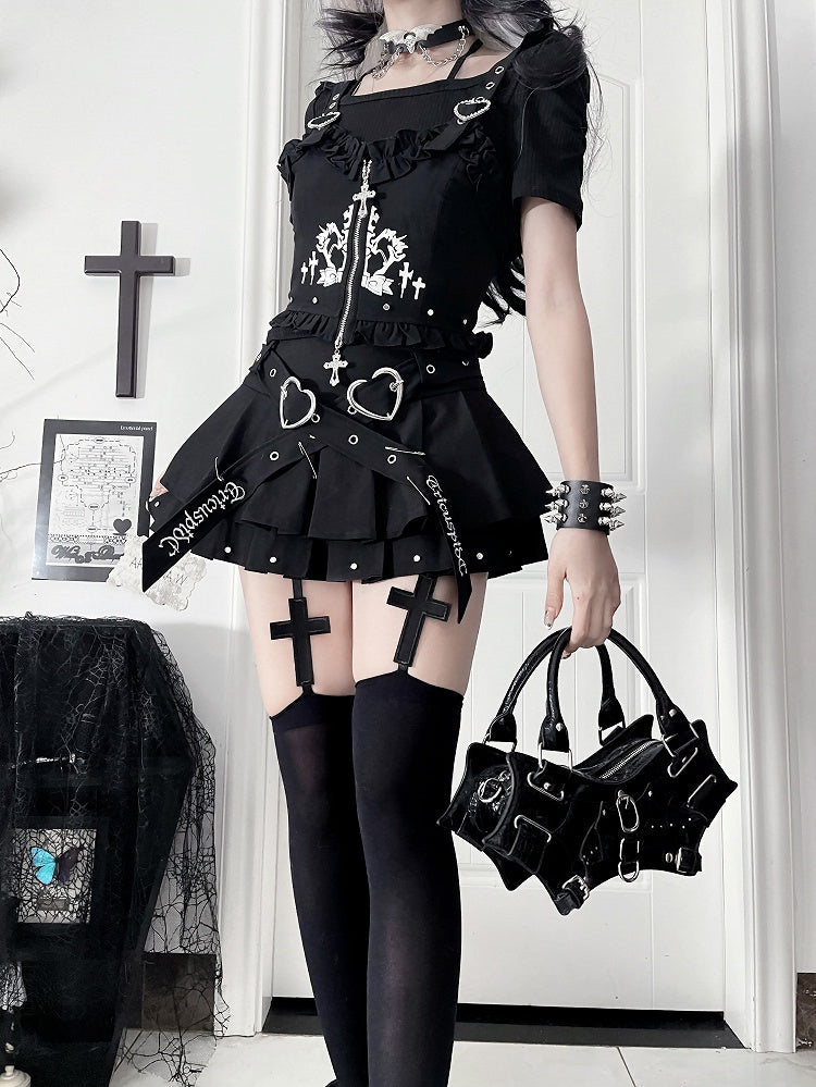 Black Ruffled Studded Vest with Cross Zip & Heart Straps