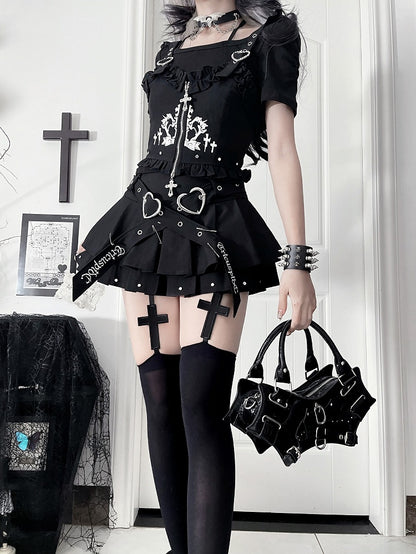 Black Ruffled Studded Vest with Cross Zip & Heart Straps