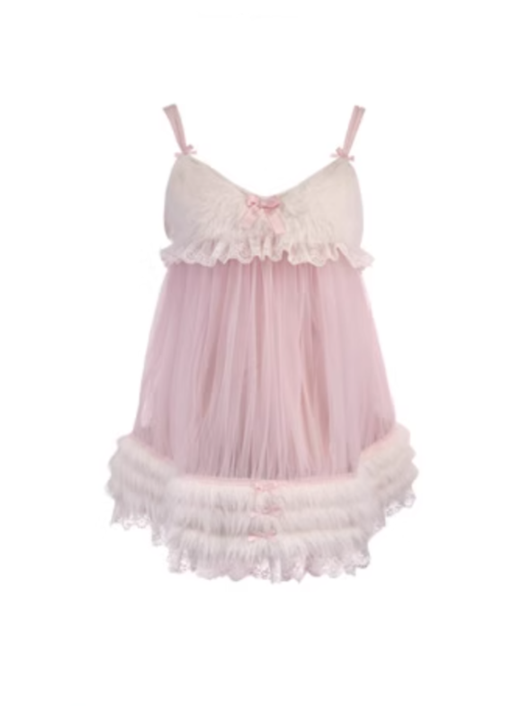 Kleid mit Tüll-Imitat-Unterkleid-Akzenten aus Pelz Rosa