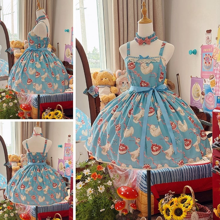 Kleid Print Rock süße Lolita Jumper Showa flauschige Kätzchen blau süß