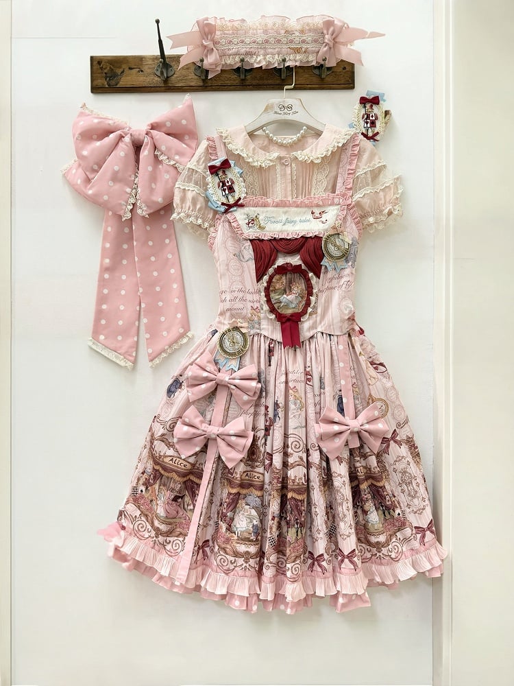 Alice in Wonderland Style Rose Sweet Skirt with Detachable Bow Ribbons - Forest Fairy Tales