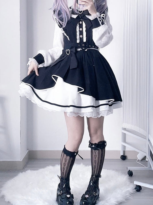 Heart Jirai BlackWhite Details Decorated Bowknot Kei Rhinestone