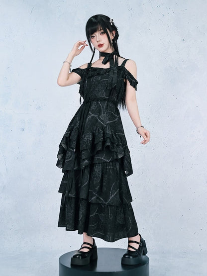 Gothic Black Off-Shoulder Cami Sea Lily Ruffle - Quirky Hut