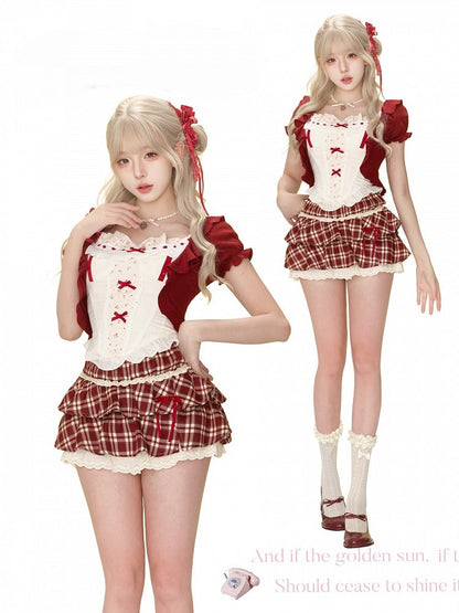 - Skirt Plaid Tiered Kawaii Classic Style Red