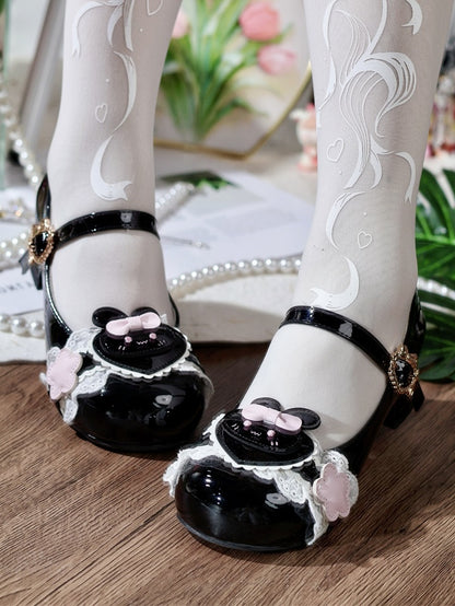 PU Motifs in Cute Rabbit with Low-heel Lace Black Mary Bunny Janes Trim