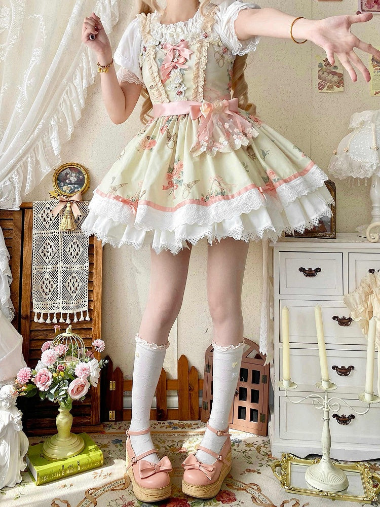 Kurzer Lolita-Print, Taille, Sommerrock, Kleid, hoher Rosettenpullover