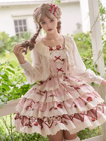 ピンクのアップル刺繍ネックラインタンクトップ