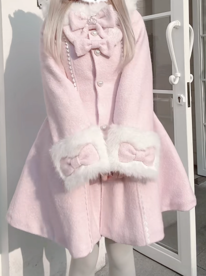 Long Landmine Cuffs Style Collar with Bow-Detailed Coat Waist-Cinching Pink Furry