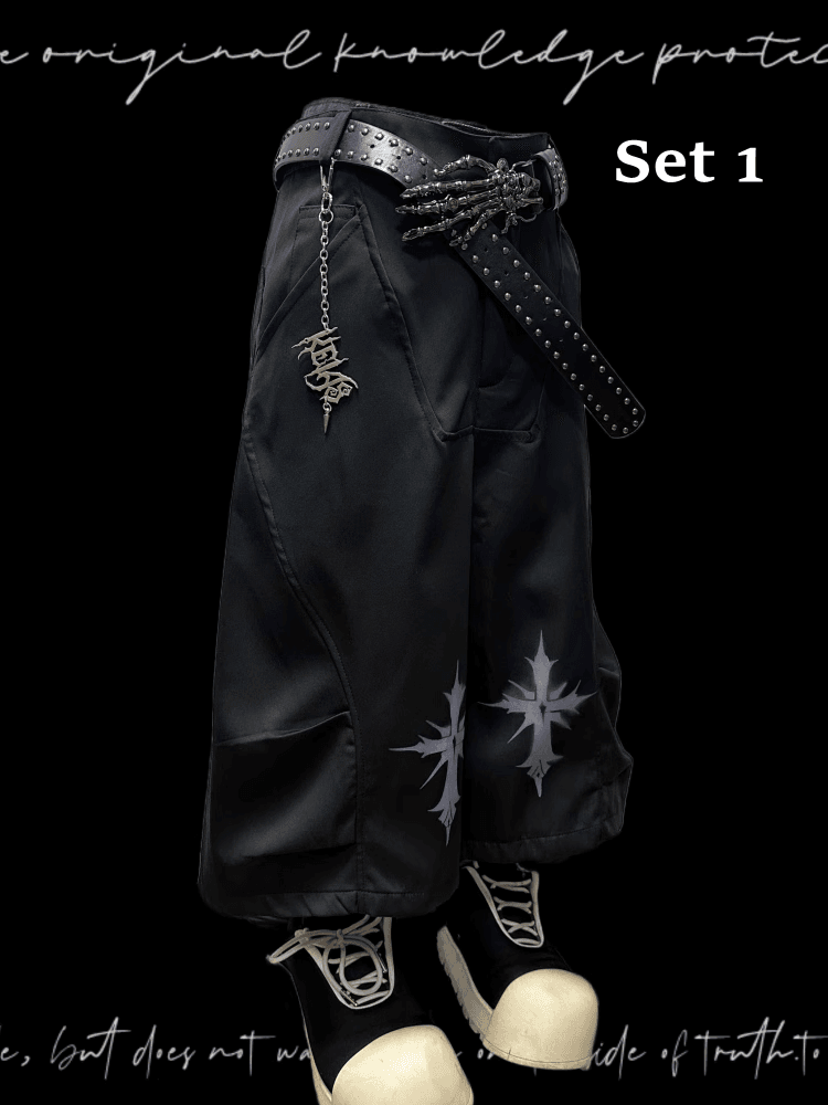 ロックY2Kワイドレッグパンツフリーチャームブラッククロスプリントパンク