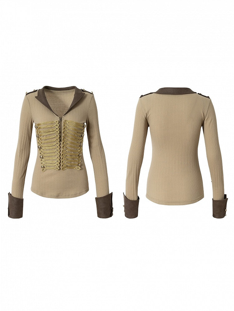 Collar Knit Gold Vintage Braid Punk Brown Military Khaki Suede with Top Notched