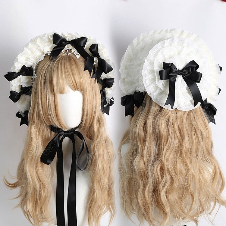 Farben: Abnehmbare Lolita-Haube mit Schleife, Spitzenbesatz und süßem, elegantem Beige 12