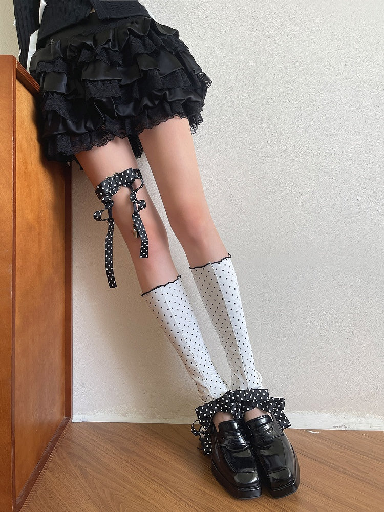 Double-layer P Dot Bow D Leg With Warmers 3 Black And Flared Ruffled Ions Decor At Polka Tern White Split