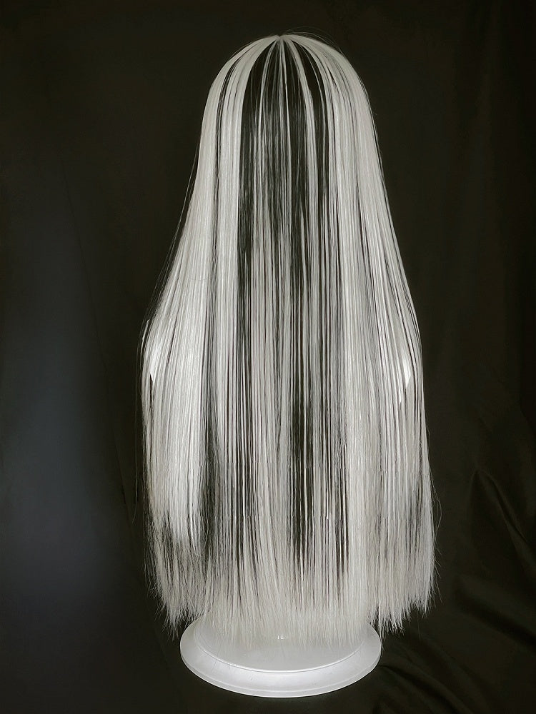 Straight Full Bangs Hime Silver 80CM Black Cut with Wig Highlight