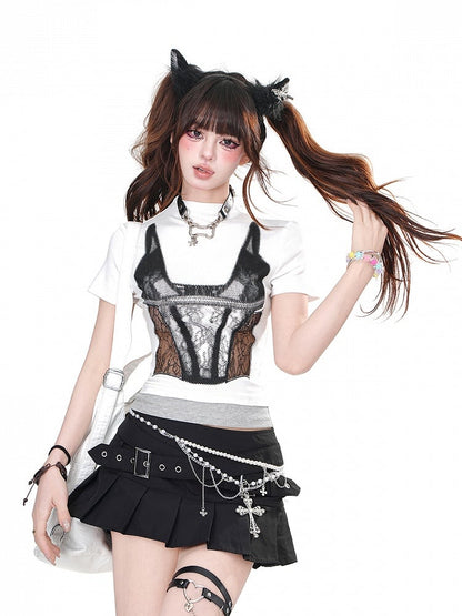 White/Dark Gray Contrast Lace Patches Slim-fitting Top