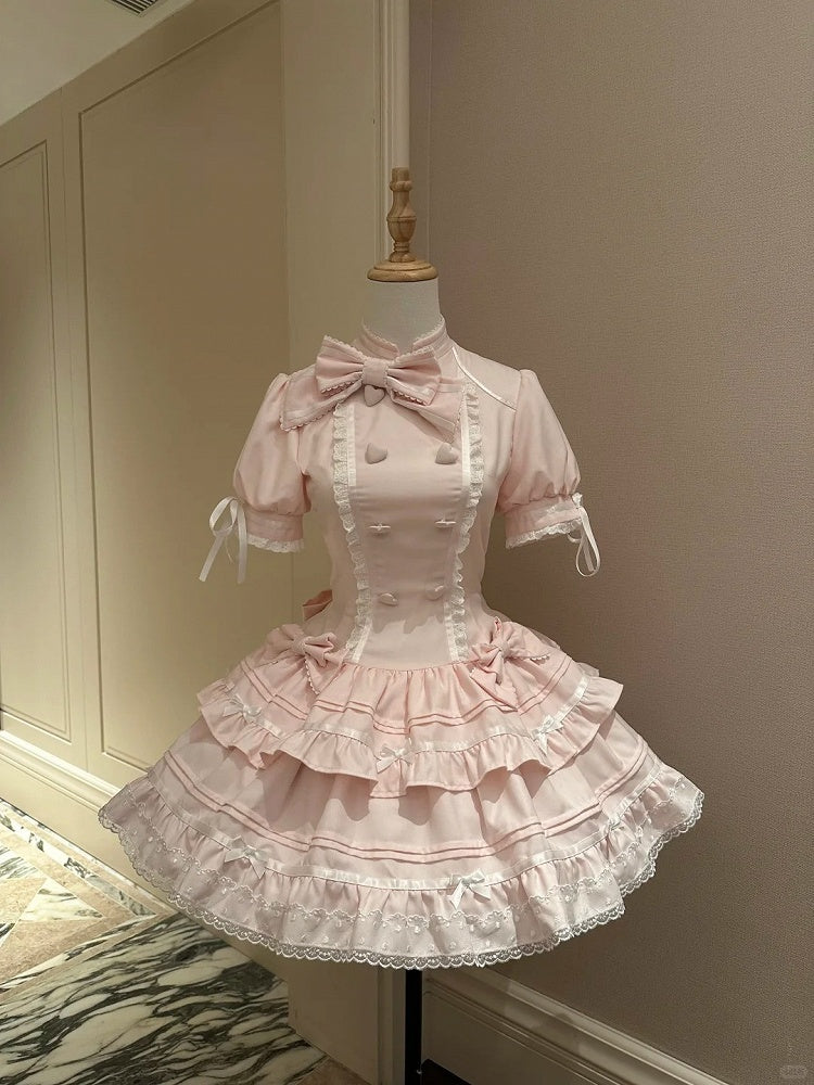 Adorable Pink OP Dress with Heart Buttons, Puff Sleeves, Lace & Bow Accents - Cat Cake
